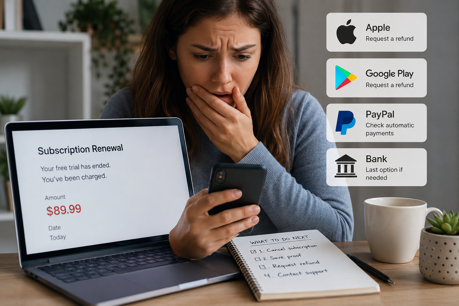 Person checking a surprise subscription charge after forgetting to cancel a free trial