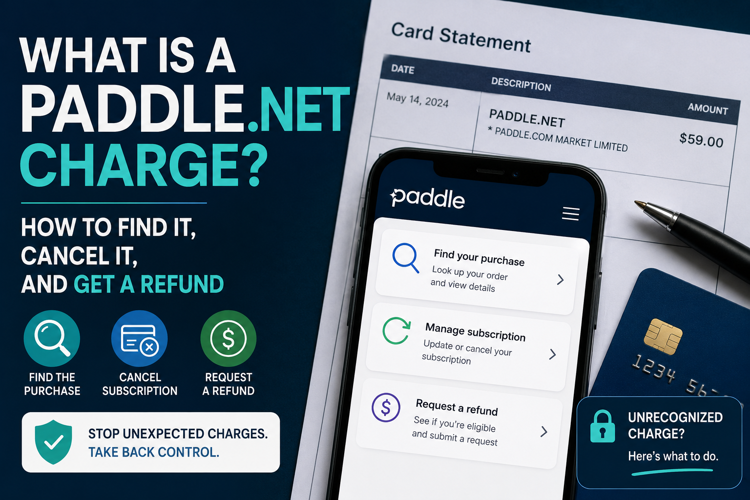 Paddle.net charge guide showing a bank statement, payment card, and phone with options to find a purchase, cancel a subscription, and request a refund.