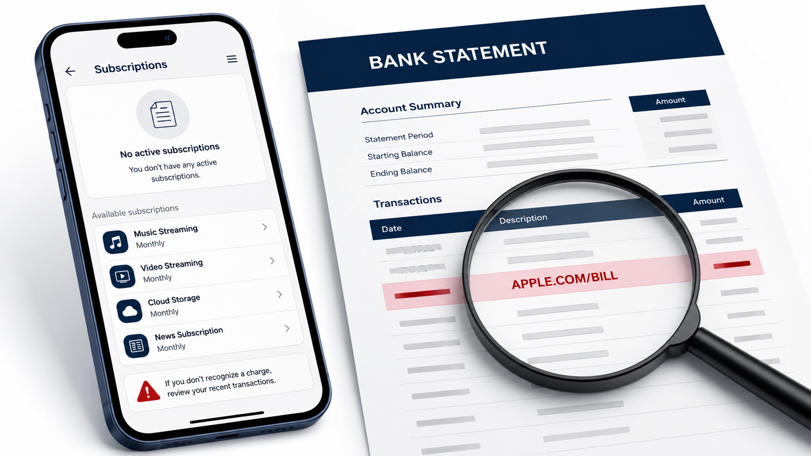 Apple charge on a bank statement with no matching subscription shown on an iPhone