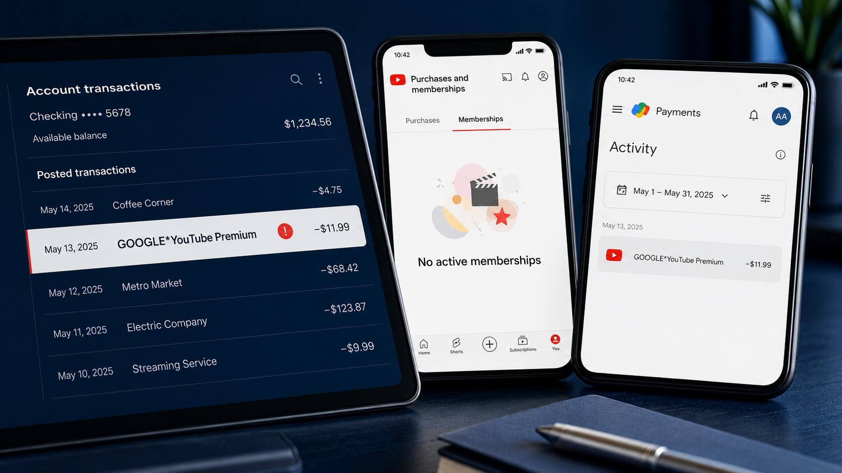 GOOGLE YouTube charge displayed on a bank statement beside YouTube purchases and Google Payments screens