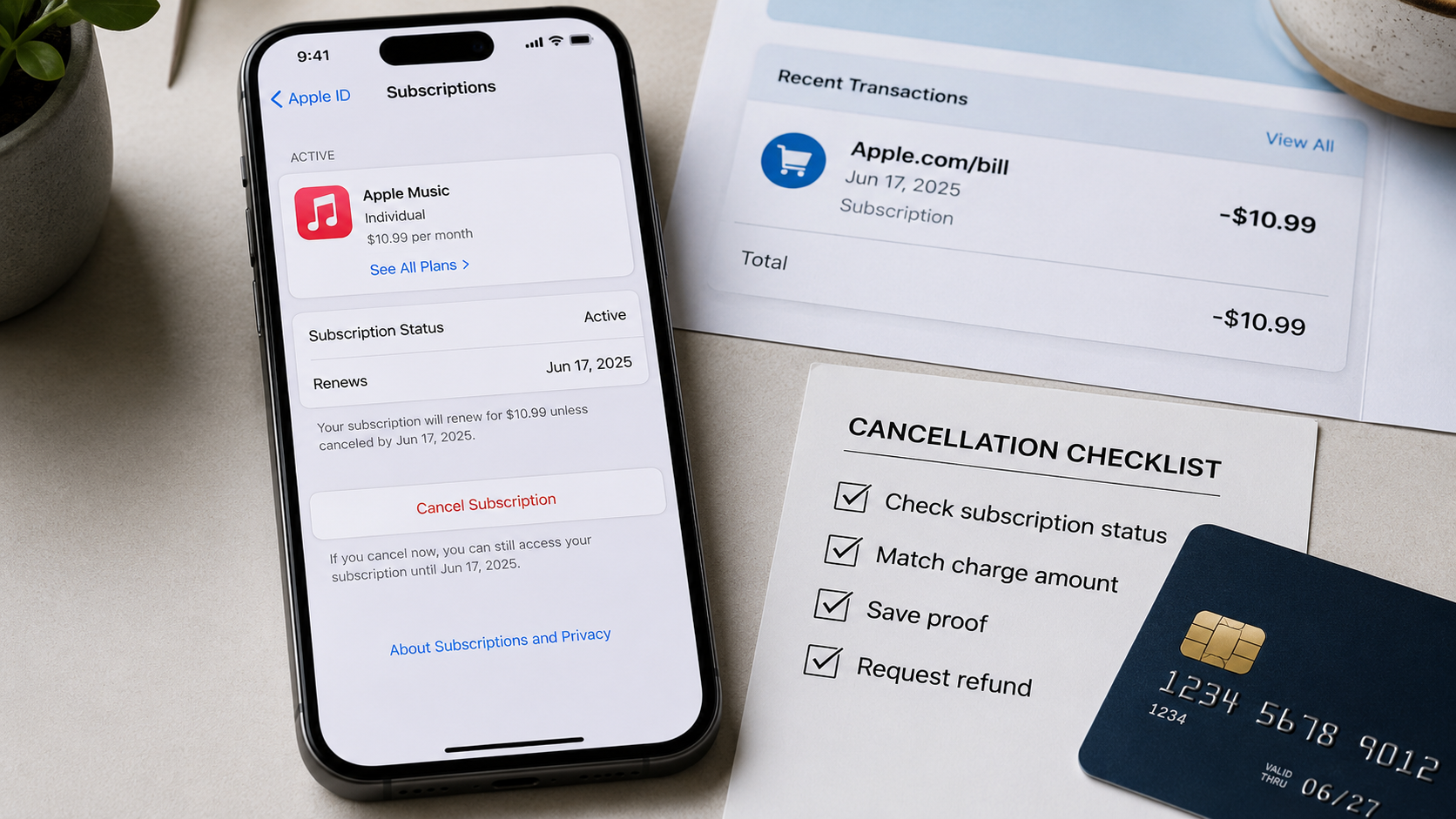 iPhone displaying Apple subscription settings beside a bank card charge and cancellation checklist