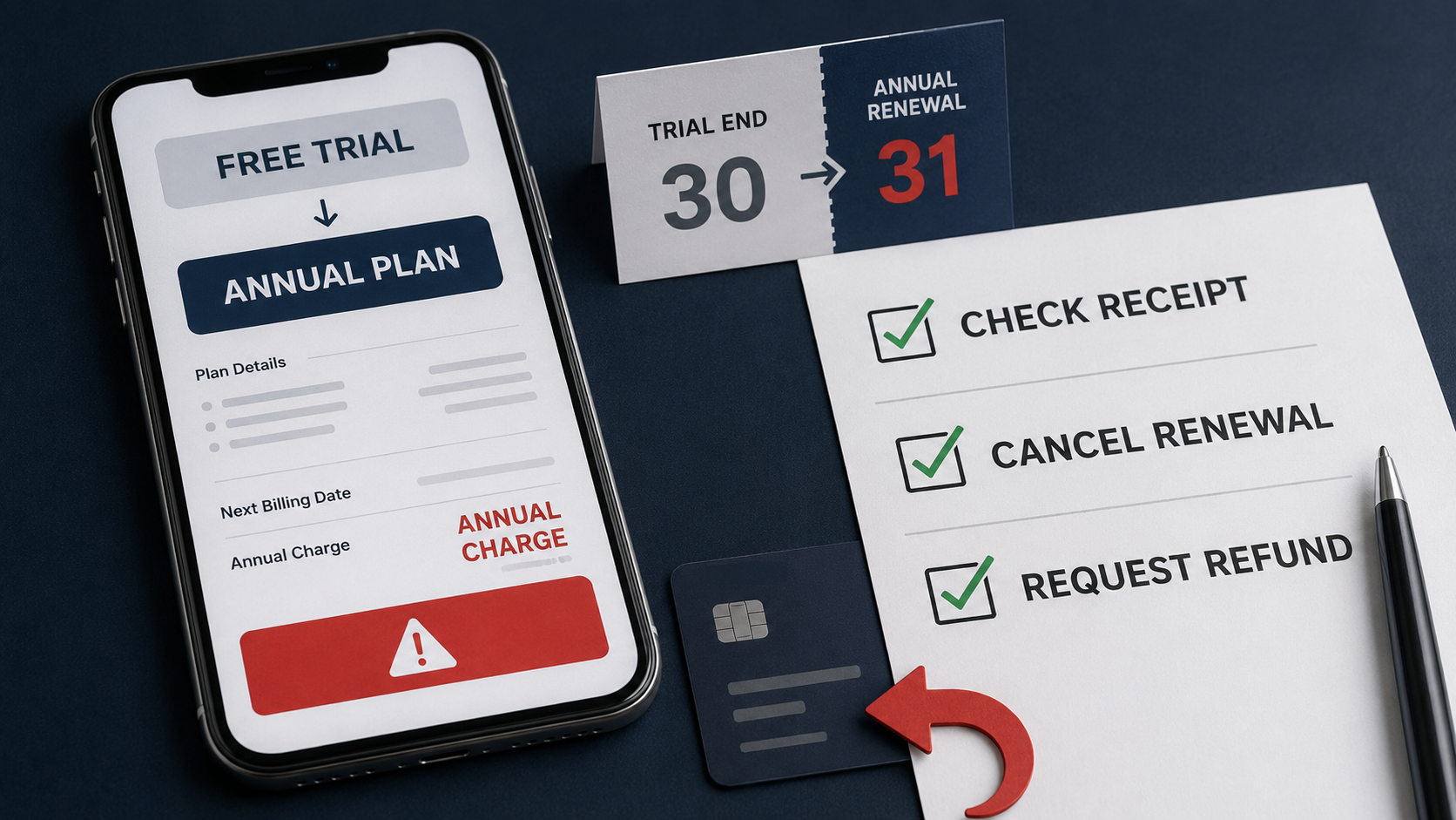 Annual subscription charge after a free trial with refund and cancellation checklist