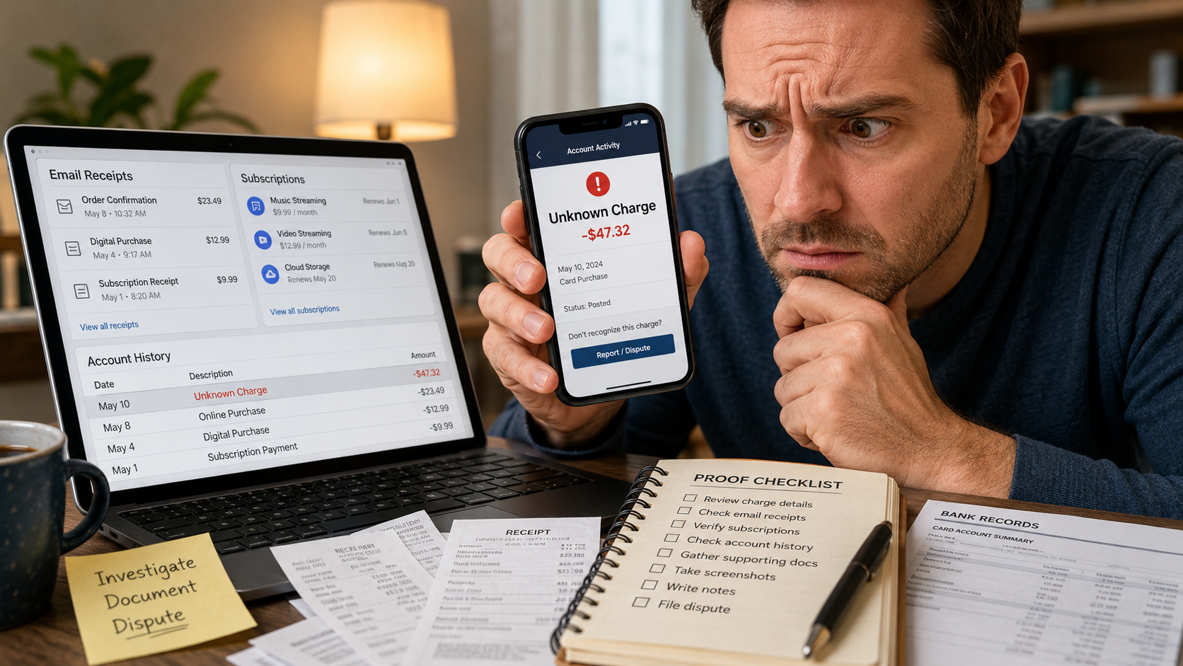 Unknown chargWorried customer checking an unknown card charge against emails, subscriptions, receipts and bank records before filing a disputee checklist before you dispute with yo