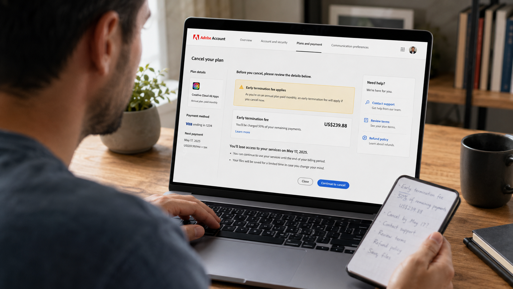 Adobe subscription cancellation screen showing an early termination fee and a customer reviewing refund options