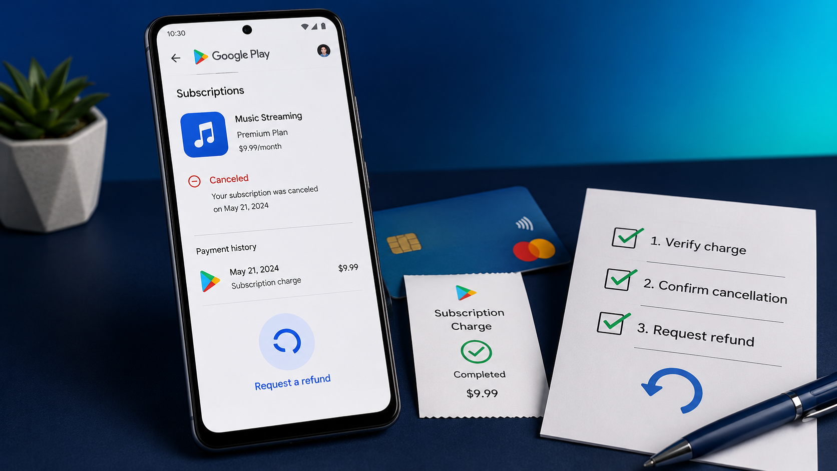 Google Play subscription screen beside a card charge and refund checklist