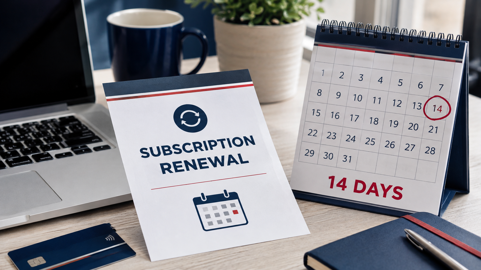 UK subscription renewal notice beside a calendar marking the new fourteen-day refund rule