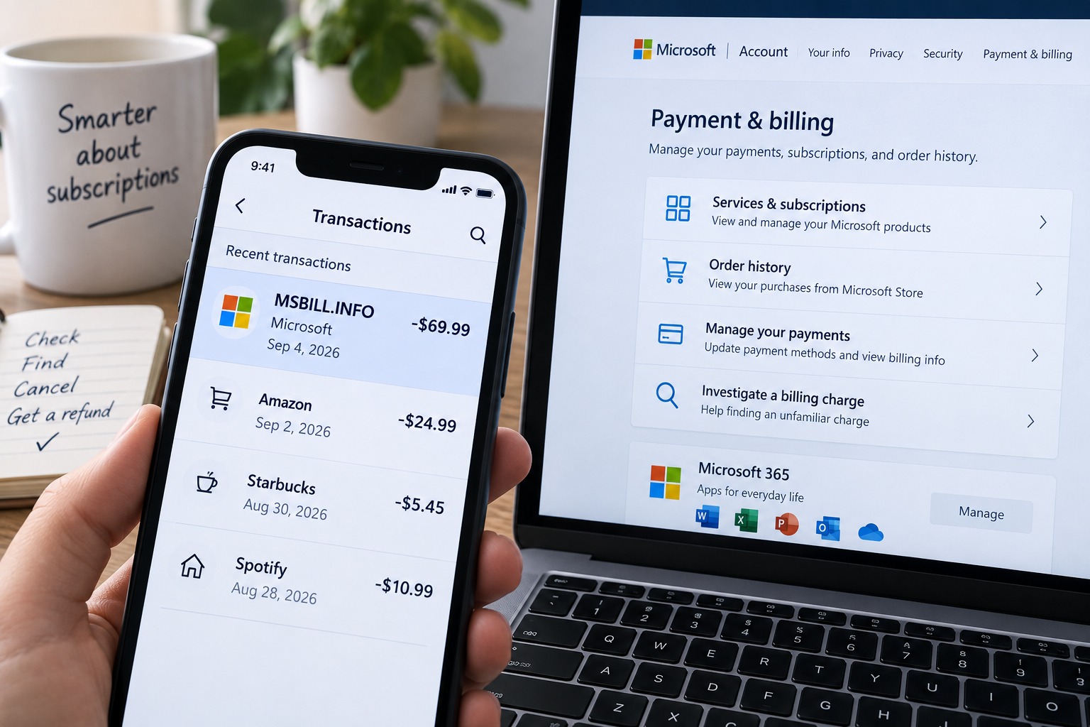 MSBILL.INFO Microsoft charge on a bank statement beside a Microsoft account billing screen